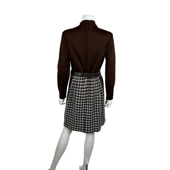 Vintage 70s Secretary Dress Womens L Brown Long Sleeve Ascot Necktie Plaid Skirt - Picture 10 of 11